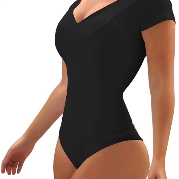 Women's V Neck Bodysuits Short Sleeve Jumpsuits - Picture 4 of 5